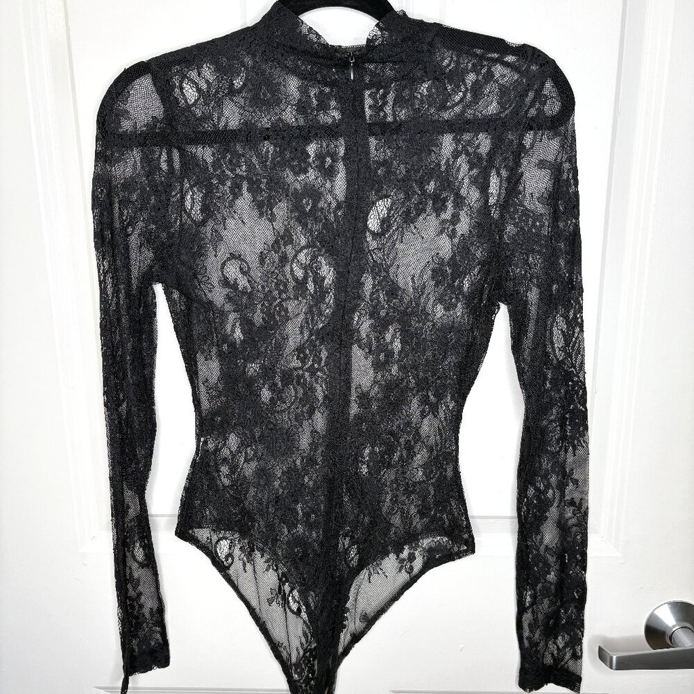 Seductive Black Lace Bodysuit – Sheer Long Sleeve Floral Pattern
